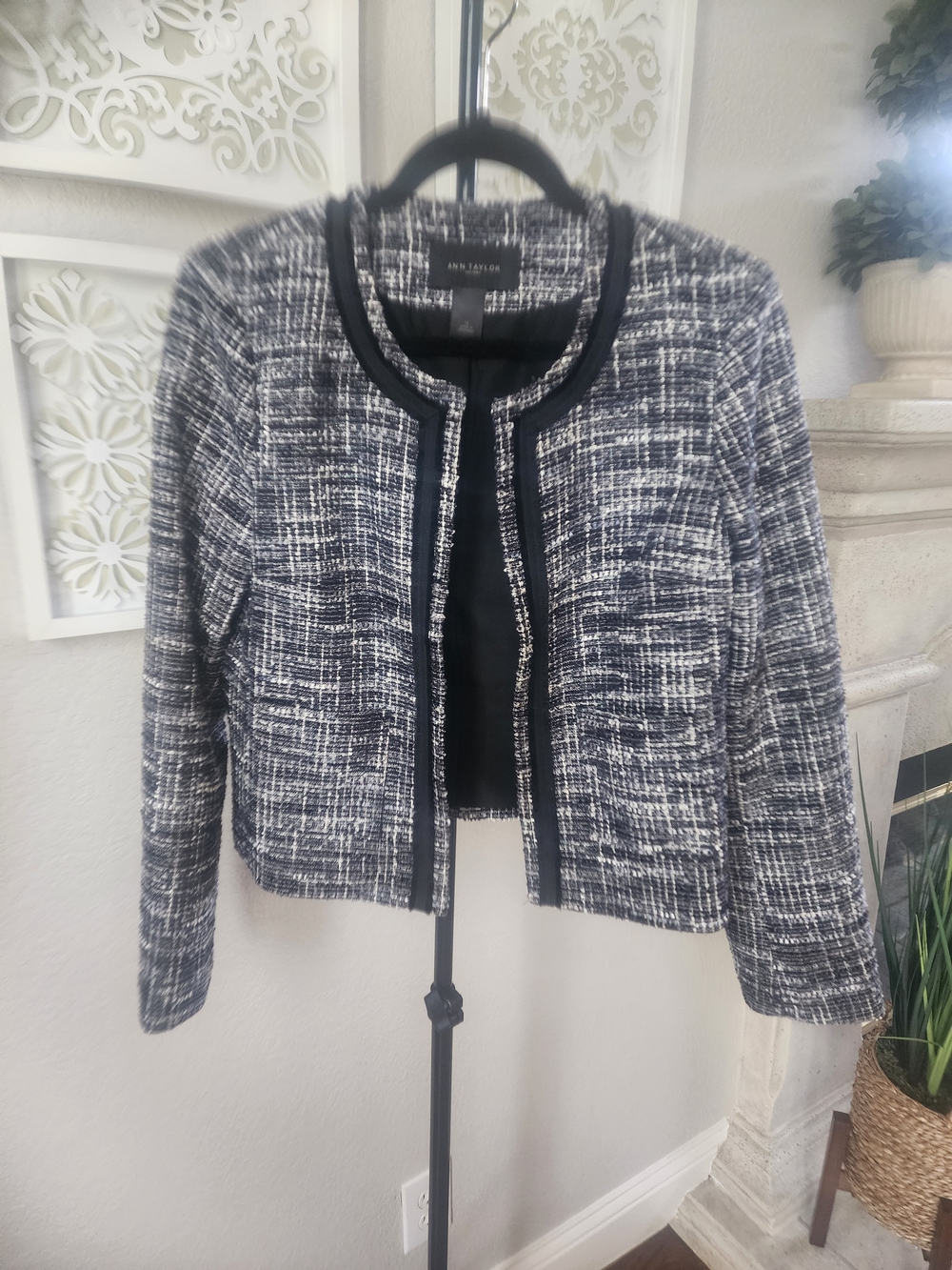 Ann Taylor Black & White Tweed Open-Front Jacket
